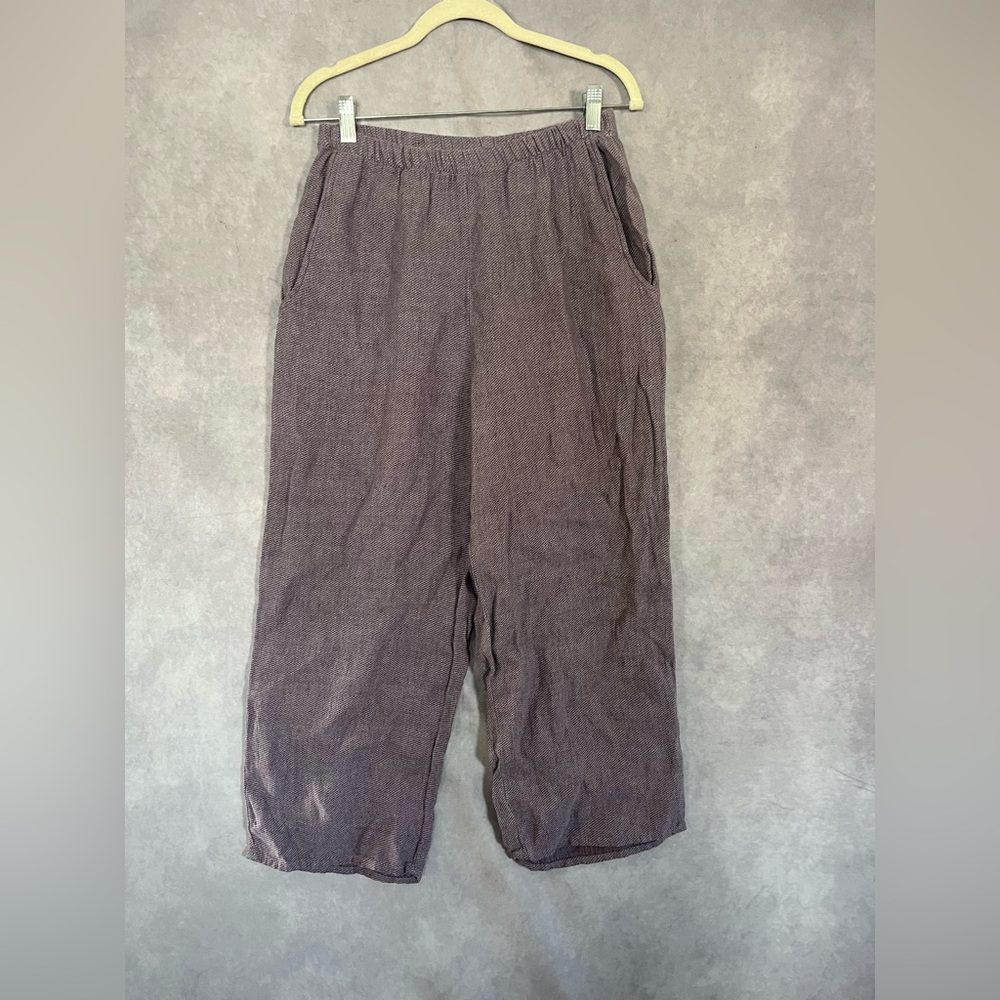 FLAX P  Purple Linen Pants Lagenlook Pull On Boho 24" Floods Flowy Cropped